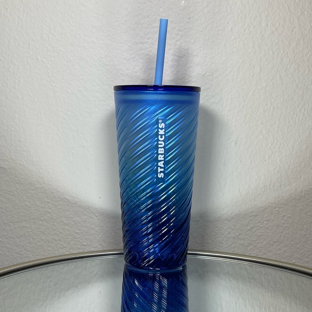 Starbucks Ombre Blue Diagonal Sheen Swirl Glass Tumbler